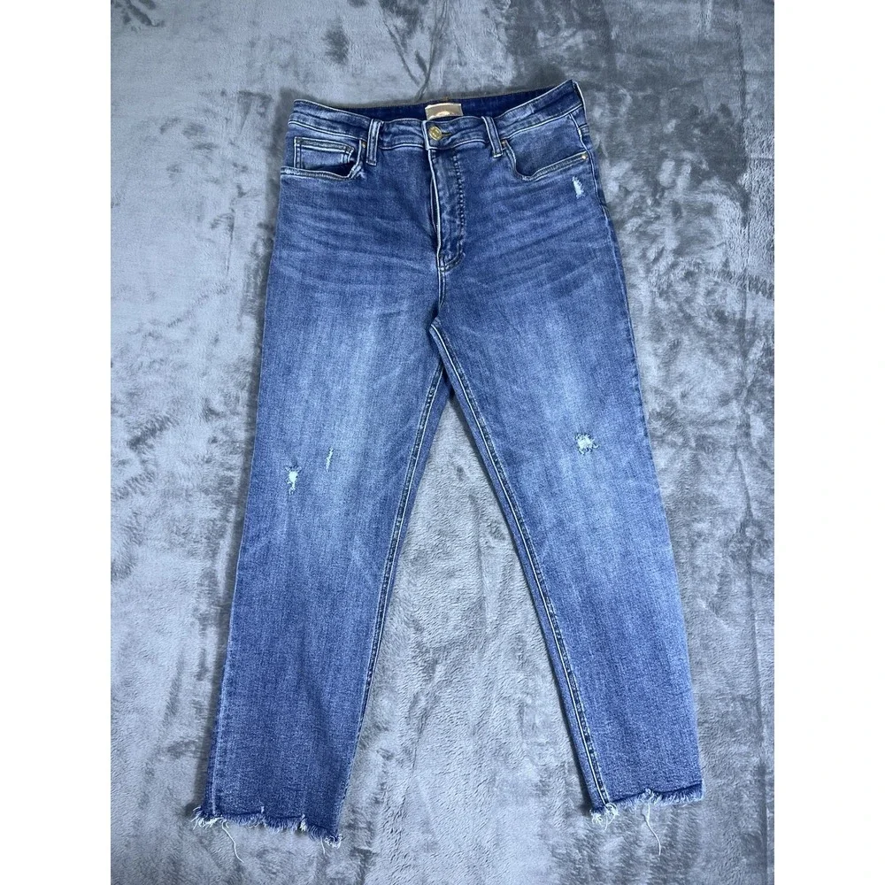 Kut from the Kloth High Rise Ankle Straight Leg Distressed Raw Hem Jeans Blue